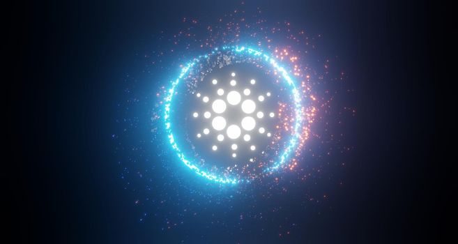 3d render of cryptocurrency Cardano or ADA coins with technology network neon laser light. Cryptocurrency digital currency concept. New virtual money exchange in blockchain.