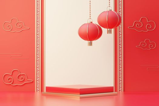 3d rendering of minimal scene of blank podium with Chinese lunar new year theme. Display stand for product presentation mock up. Cylinder stage in Chinese traditional texture with simple design.