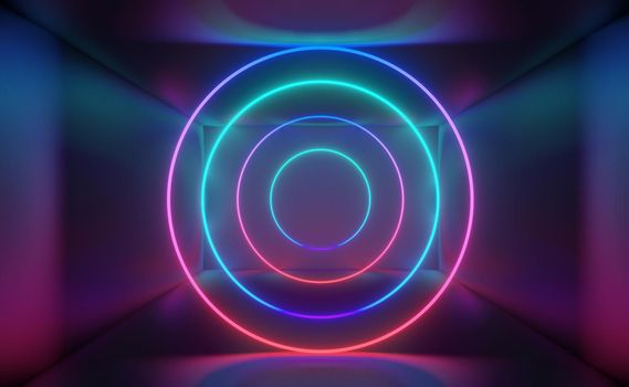 3d render of RGB neon light on darkness background. Abstract Laser lines show at night. Ultraviolet spectrum beam scene for mock up and web banner.