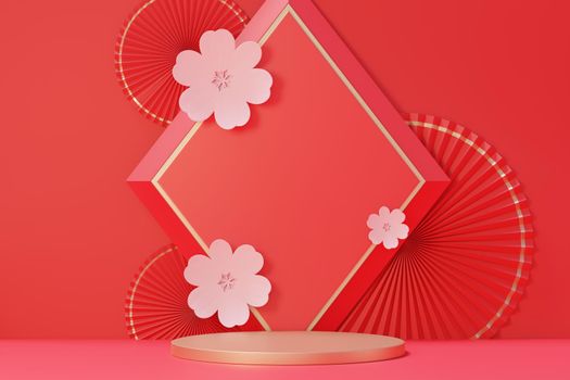 3d rendering of minimal scene of blank podium with Chinese lunar new year theme. Display stand for product presentation mock up. Cylinder stage in Chinese traditional texture with simple design.