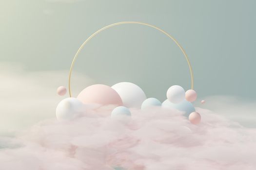 3d render of pastel ball, soaps bubbles, blobs that floating on the air with fluffy clouds and ocean. Romance land of dream scene. Natural abstract dreamy sky.