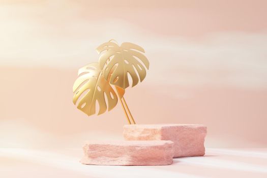 3d render of rock podium display with Tropical nature scene. Product and promotion concept for advertising. Abstract Stone pedestal for presentation objects.