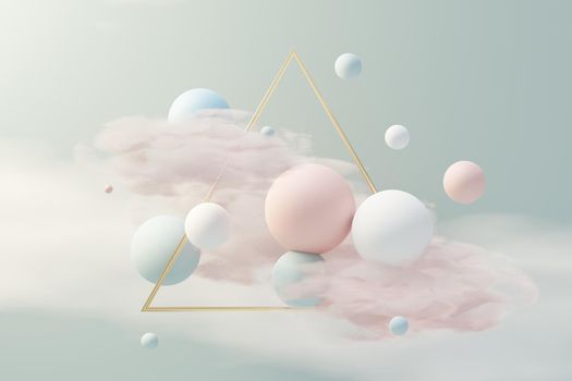 3d render of pastel ball, soaps bubbles, blobs that floating on the air with fluffy clouds and ocean. Romance land of dream scene. Natural abstract dreamy sky.