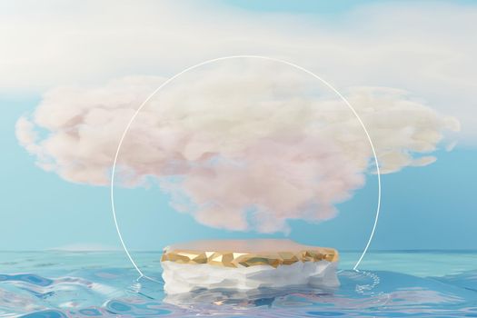 3d Beauty premium pedestal product display with Dreaming land and fluffy cloud. Minimal blue sky and clouds scene for present product promotion and beauty cosmetics. Romance land of Dreams concept.