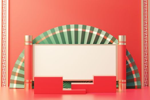 3d rendering of minimal scene of blank podium with Chinese lunar new year theme. Display stand for product presentation mock up. Cylinder stage in Chinese traditional texture with simple design.