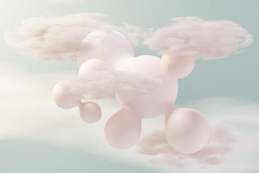 3d render of pastel ball, soaps bubbles, blobs that floating on the air with fluffy clouds and ocean. Romance land of dream scene. Natural abstract dreamy sky.