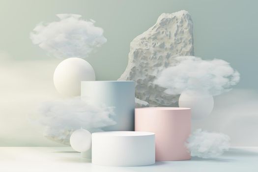 3d Beauty premium pedestal product display with Dreaming land and fluffy cloud. Minimal blue sky and clouds scene for present product promotion and beauty cosmetics. Romance land of Dreams concept.