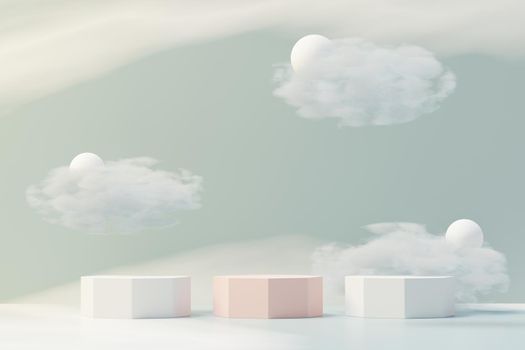 3d Beauty premium pedestal product display with Dreaming land and fluffy cloud. Minimal blue sky and clouds scene for present product promotion and beauty cosmetics. Romance land of Dreams concept.