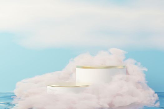 3d Beauty premium pedestal product display with Dreaming land and fluffy cloud. Minimal blue sky and clouds scene for present product promotion and beauty cosmetics. Romance land of Dreams concept.