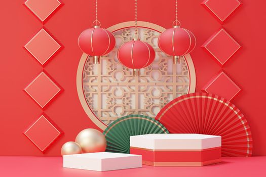 3d rendering of minimal scene of blank podium with Chinese lunar new year theme. Display stand for product presentation mock up. Cylinder stage in Chinese traditional texture with simple design.