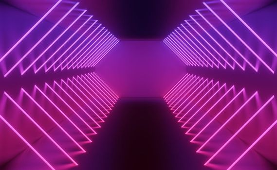 3d render of RGB neon light on darkness background. Abstract Laser lines show at night. Ultraviolet spectrum beam scene for mock up and web banner.