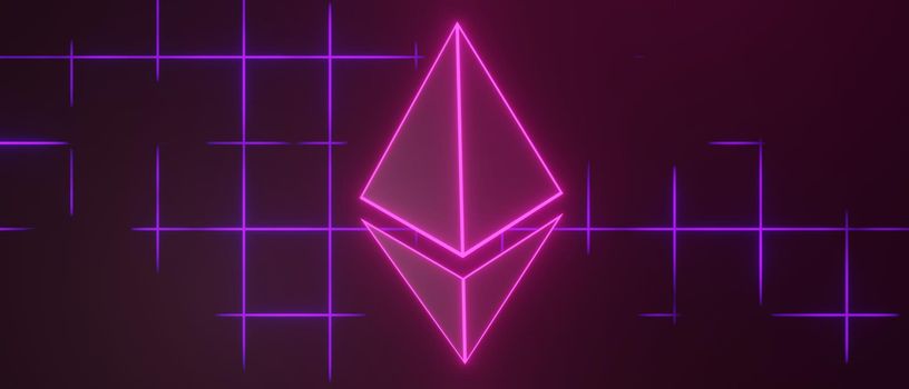 3d render of cryptocurrency Ethereum or ETH coins with technology network neon laser light. Cryptocurrency digital currency concept. New virtual money exchange in blockchain.