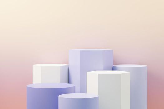 3d render of Beauty podium with Very Peri color of the year 2022 design for product presentation and advertising. Minimal pastel sky and Dreamy land scene. Romance concept.