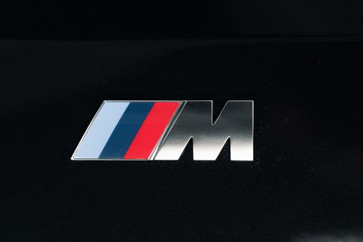KRASNODAR, RUSSIA - NOVEMBER 19, 2020: BMW Motorsport M logo and brand sign, close up