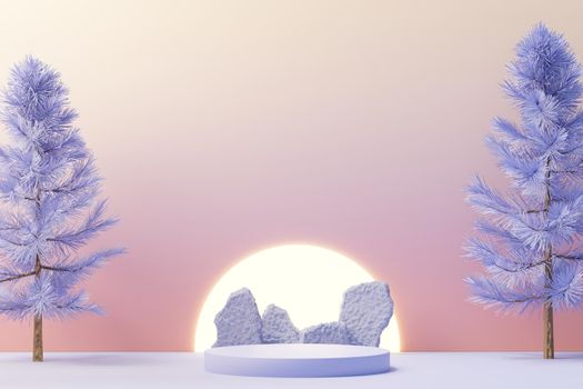 3d render of Beauty podium with Very Peri color of the year 2022 design for product presentation and advertising. Minimal pastel sky and Dreamy land scene. Romance concept.