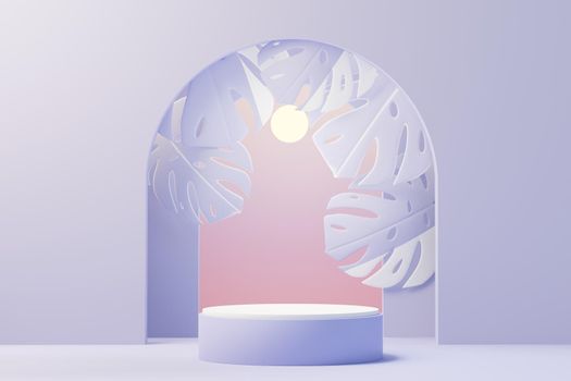 3d render of Beauty podium with Very Peri color of the year 2022 design for product presentation and advertising. Minimal pastel sky and Dreamy land scene. Romance concept.