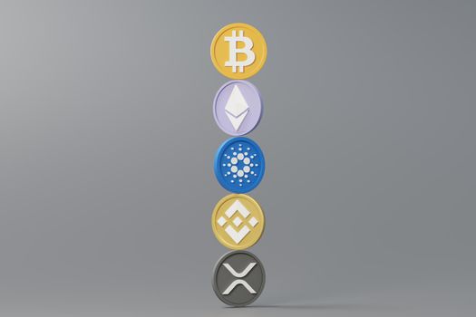 3d render stack of cryptocurrencies Bitcoin, Ethereum, Cardano and Binance coins. Cryptocurrency digital currency concept. New virtual money exchange in blockchain.