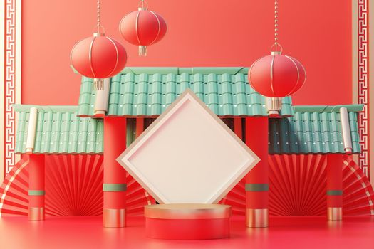 3d rendering of minimal scene of blank podium with Chinese lunar new year theme. Display stand for product presentation mock up. Cylinder stage in Chinese traditional texture with simple design.