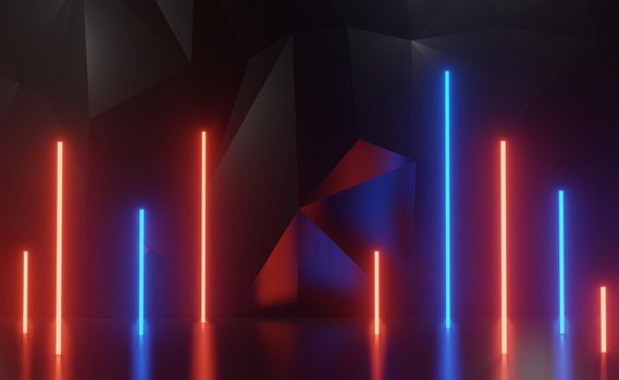 3d render of RGB neon light on darkness background. Abstract Laser lines show at night. Ultraviolet spectrum beam scene for mock up and web banner.