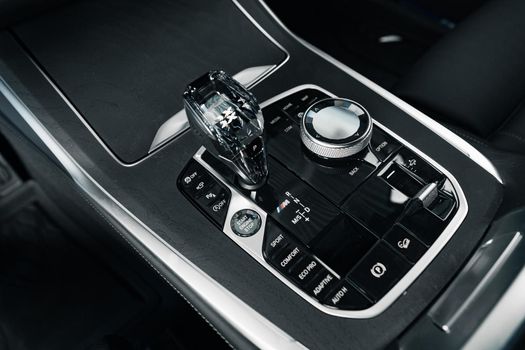 KRASNODAR, RUSSIA - NOVEMBER 19, 2020: Bmw automatic gear lever transmission shift stick, close up