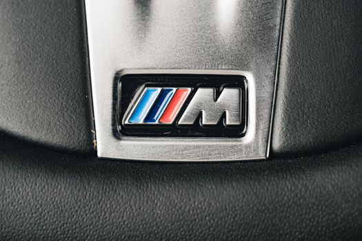 KRASNODAR, RUSSIA - NOVEMBER 19, 2020: BMW Motorsport M logo and brand sign, close up