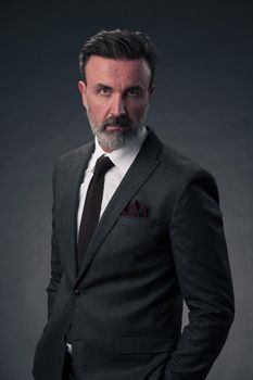 Portrait of a stylish elegant senior businessman with a beard and casual business clothes in photo studio isolated on dark background gesturing with hands. High quality photo