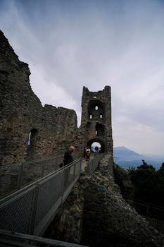 Sacra di San Michele in Turin, view from below of the cliff and walls. High quality photo