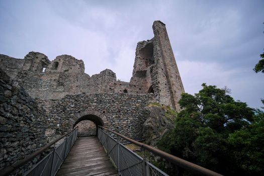 Sacra di San Michele in Turin, view from below of the cliff and walls. High quality photo