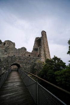 Sacra di San Michele in Turin, view from below of the cliff and walls. High quality photo