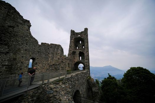 Sacra di San Michele in Turin, view from below of the cliff and walls. High quality photo