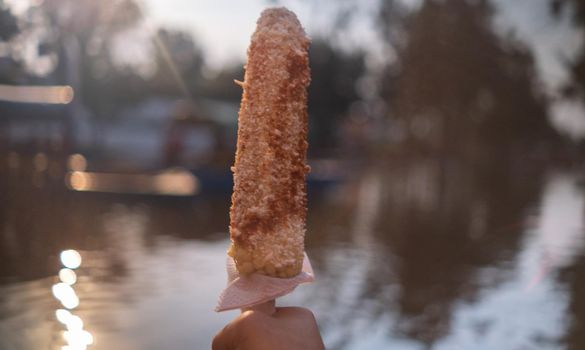 Hand holding traditional corn with mayonnaise, cheese, and chili powder above blurry Xochimilco lake. Mexican-style street corn with canal and trees as background. Authentic food and culture