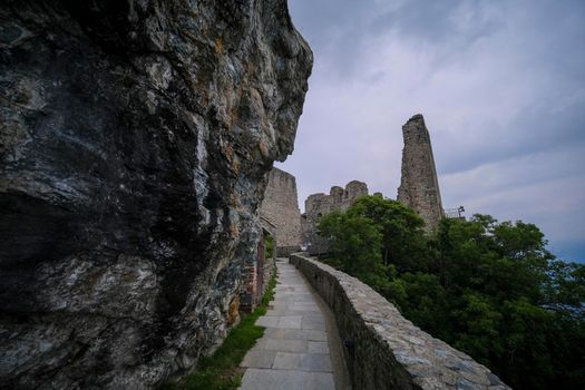 Sacra di San Michele in Turin, view from below of the cliff and walls. High quality photo