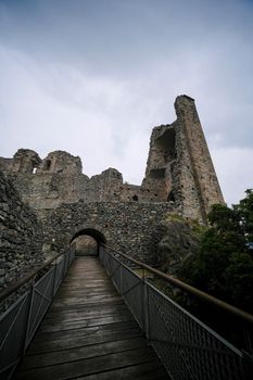 Sacra di San Michele in Turin, view from below of the cliff and walls. High quality photo