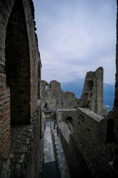 Sacra di San Michele in Turin, view from below of the cliff and walls. High quality photo