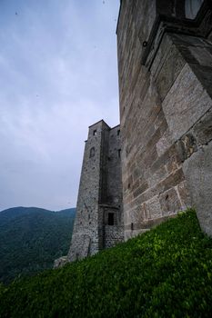 Sacra di San Michele in Turin, view from below of the cliff and walls. High quality photo