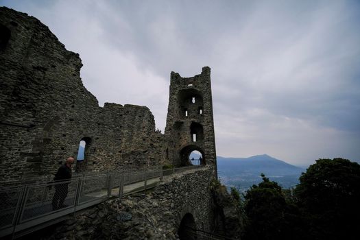 Sacra di San Michele in Turin, view from below of the cliff and walls. High quality photo