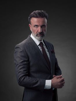 Portrait of a stylish elegant senior businessman with a beard and casual business clothes in photo studio isolated on dark background gesturing with hands. High quality photo