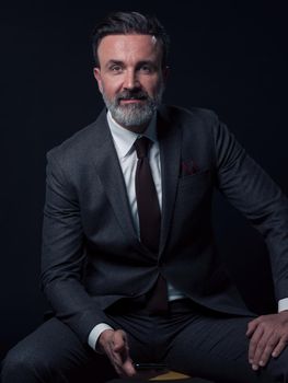 Portrait of adult businessman wearing trendy suit and sitting in modern studio on stylish chair against the black background. Horizontal mockup. High quality photo