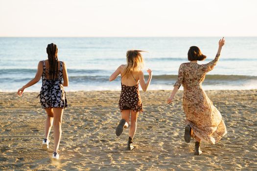 Full body back view of unrecognizable relaxed girlfriends running on sandy seashore during summer vacation at sundown