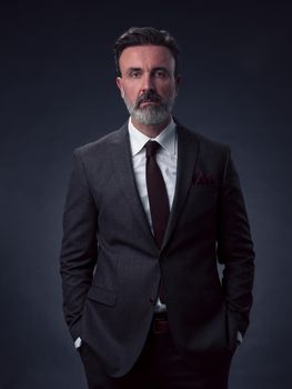 Portrait of a stylish elegant senior businessman with a beard and casual business clothes in photo studio isolated on dark background gesturing with hands. High quality photo