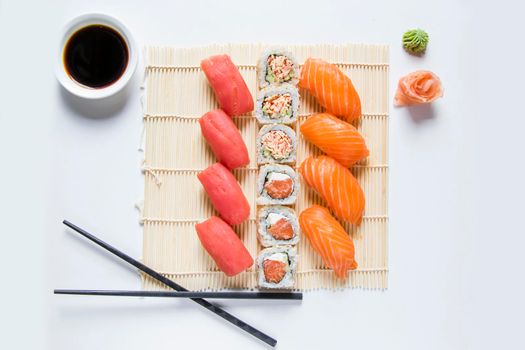 Japanishe food Nigiri sushi set, salmon, tuna and shrimp sushi, high angle view