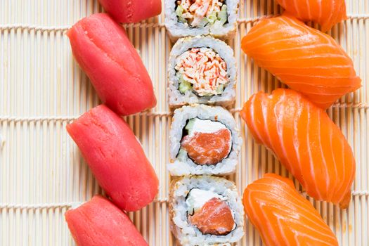 Japanishe food Nigiri sushi set, salmon, tuna and shrimp sushi, high angle view