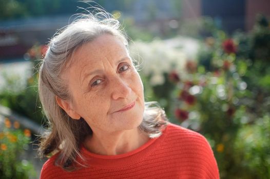 Close up face of happy senior woman with grey hair looking at camera while spending time outdoors during sunny day, retirement concept