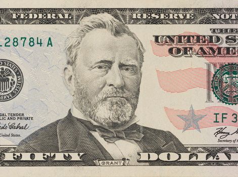 Portrait of former U.S. president Ulysses Grant. macro from 50 dollars bill