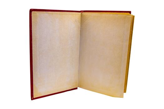 Yellow pages of an open old book on a white background. Old books. Yellow paper pages. Paper edition. Retro style. Source of education. Isolate on a white background. Place for text.