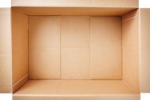 Empty cardboard box, inside view. Empty space for cargo, parcel and gift. Open cardboard box isolated on white background. Top view.