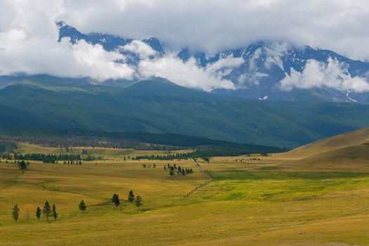 Scenic view of the snow-covered North-Chuya range in the Altai mountains in the summer, Siberia, Russia.