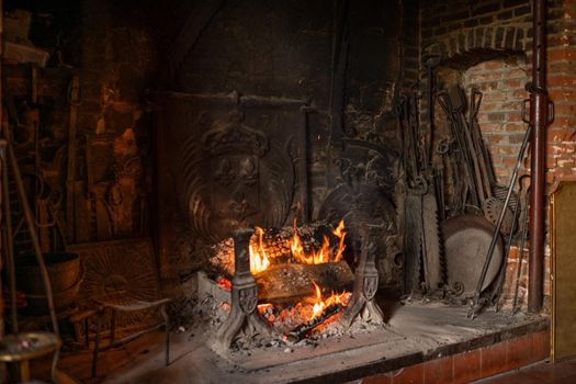 Fireplace and bonfire with firewood in an old French house