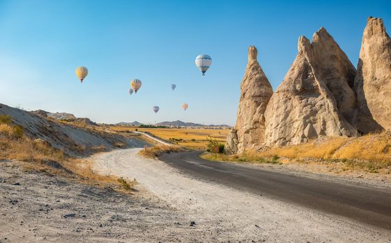 Hot air balloons flying over Cappadocia, Turkey