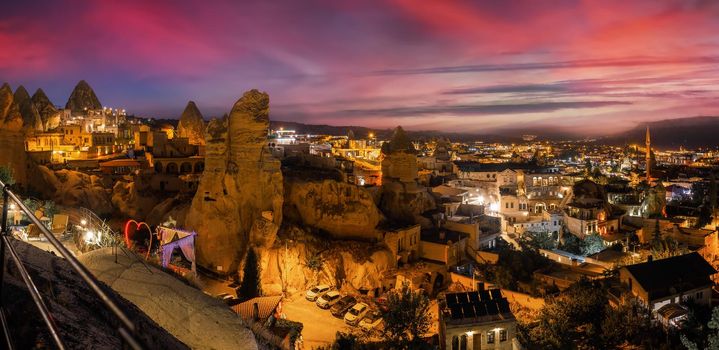 Goreme town on sunset in Cappadocia, Central Anatolia,Turkey